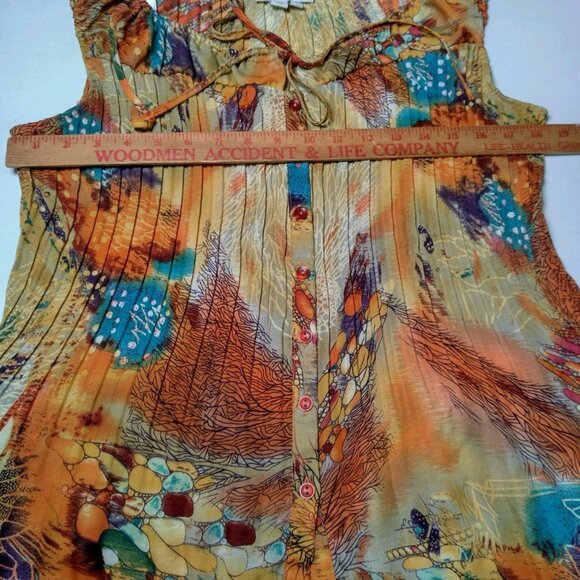 Dressbarn Shirt Large Sleeveless Pleated Button Up Orange Whimsical Forest Fairy - Picture 3 of 16